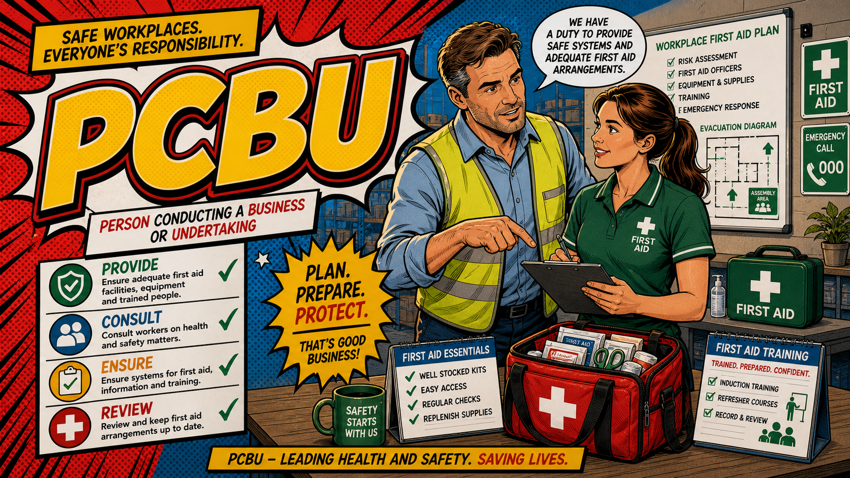 PCBU first aid acronym visual guide