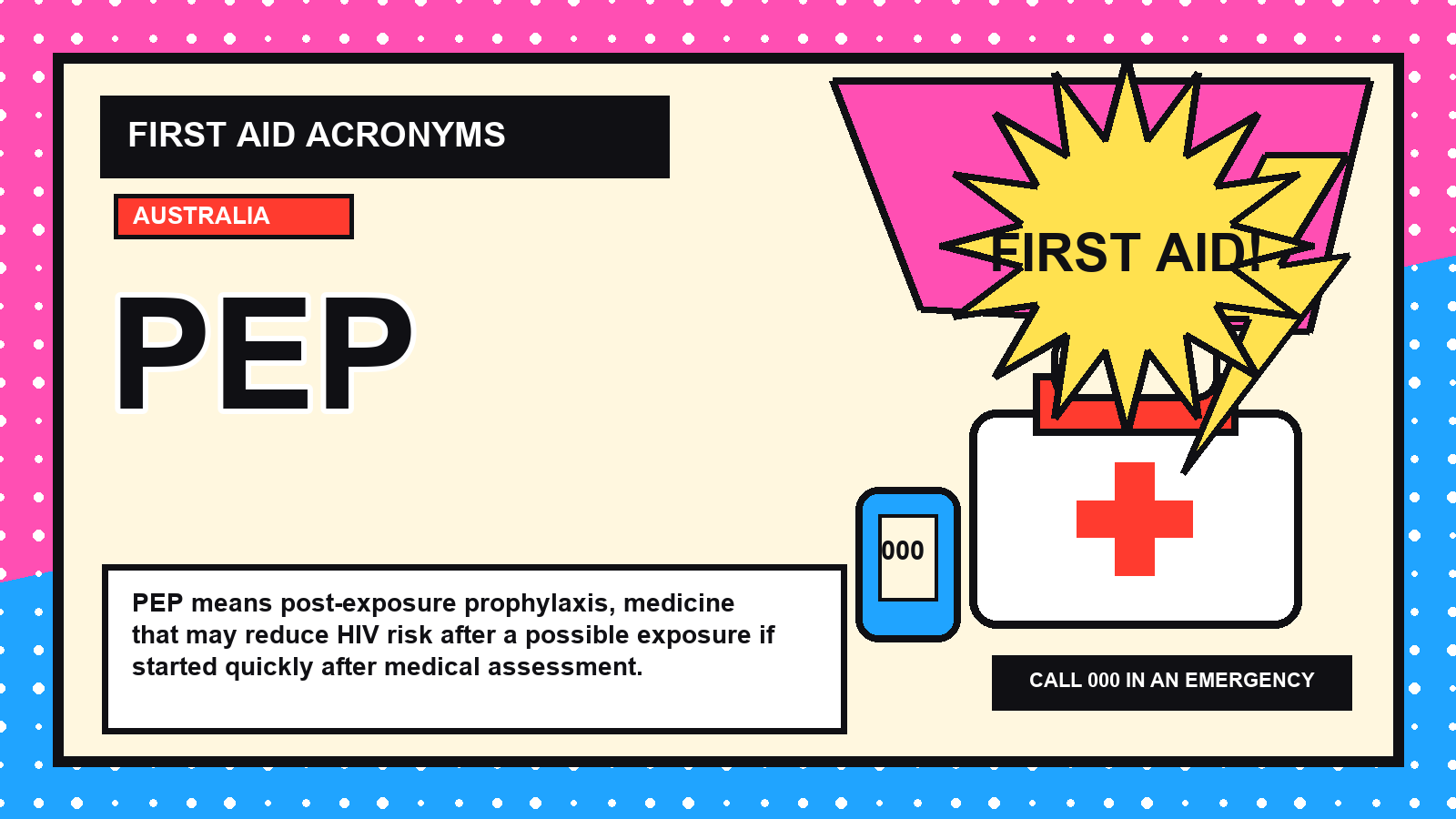 PEP first aid acronym visual guide