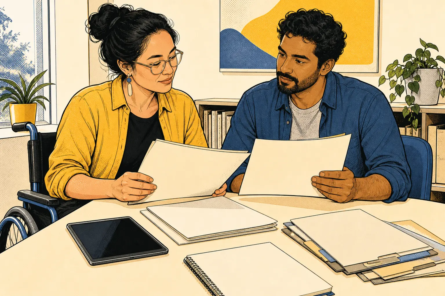 Two researchers compare blank reference folders at a table while checking a dark-screen tablet.