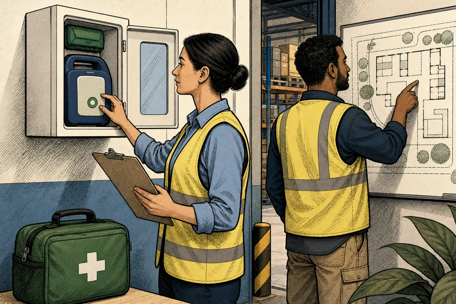 A workplace team checks an AED readiness indicator and reviews access on an unmarked site plan.