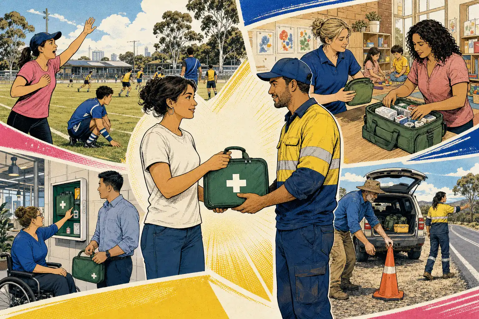 Australians in community, workplace, sport and regional settings preparing to give first aid.