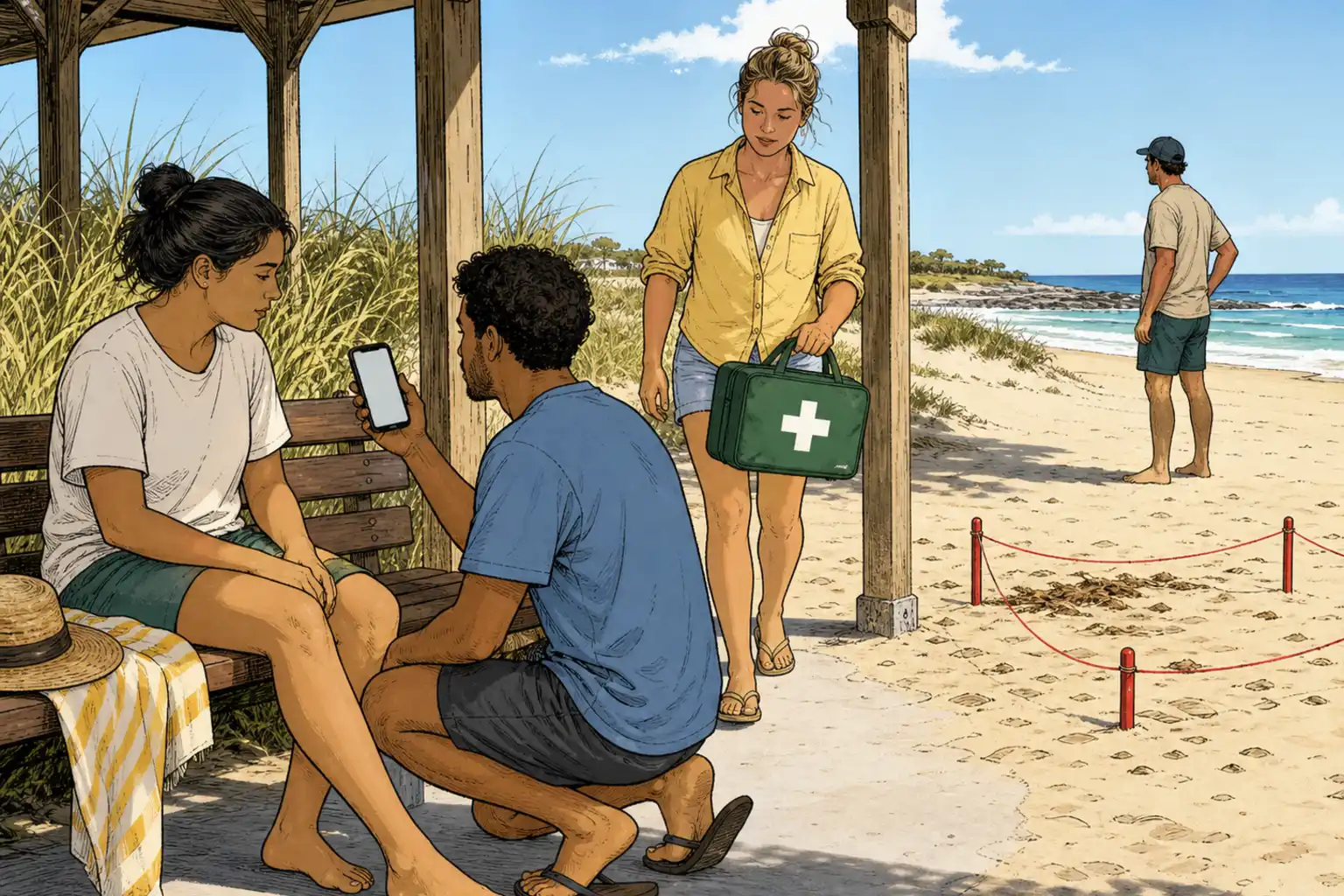 People at a beach pavilion call for help and bring a first aid kit while a person rests safely in shade.