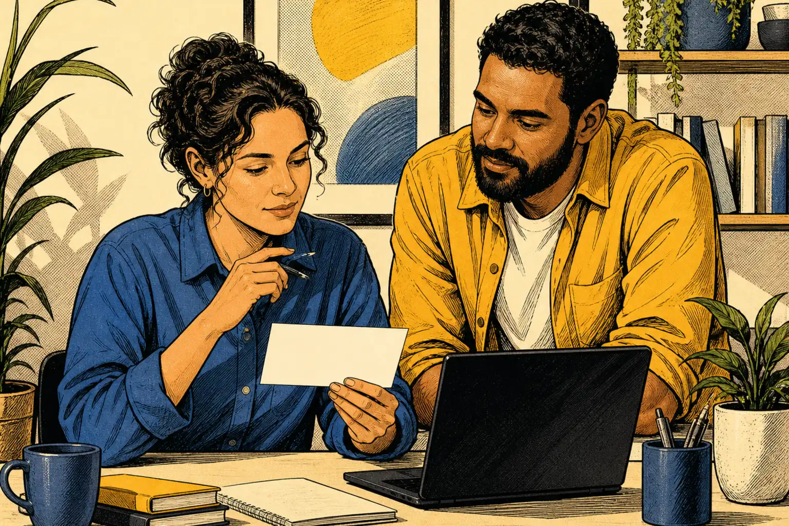 Two editors review a blank correction card beside a dark-screen laptop at a shared desk.