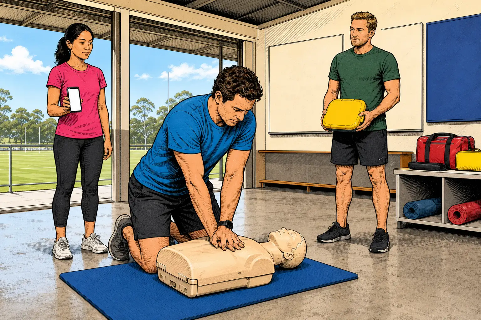 Responders coordinate CPR practice, a call for help and a closed training AED at a sports pavilion.