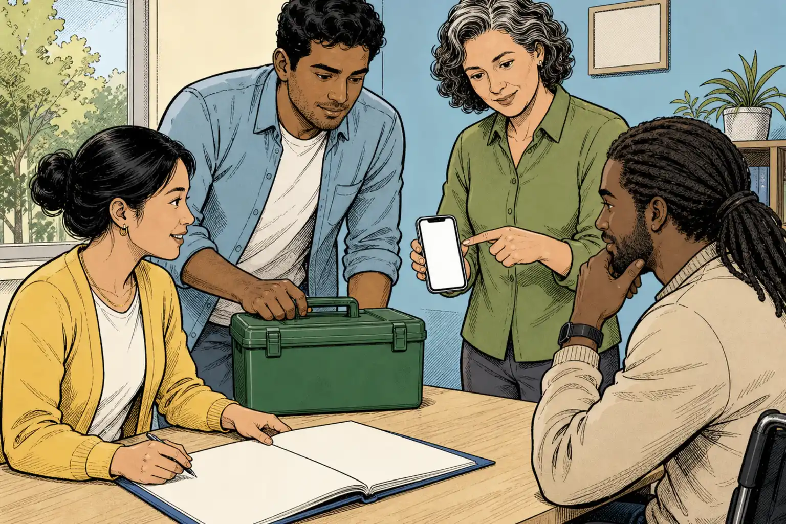 Adults review a blank personal plan and phone access beside a first aid kit.