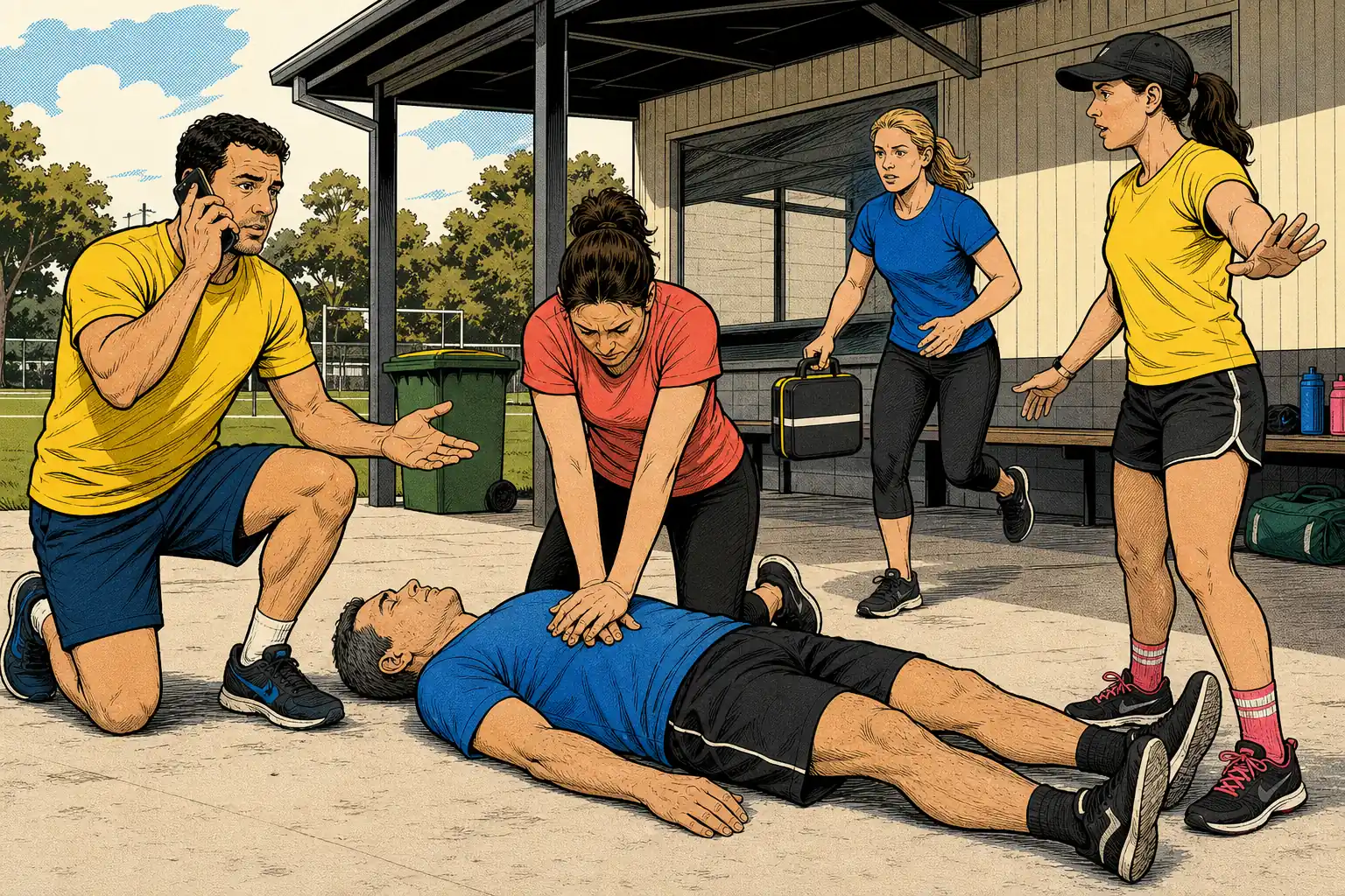 At a sports club, helpers call Triple Zero, perform CPR, bring an AED and keep the area clear.