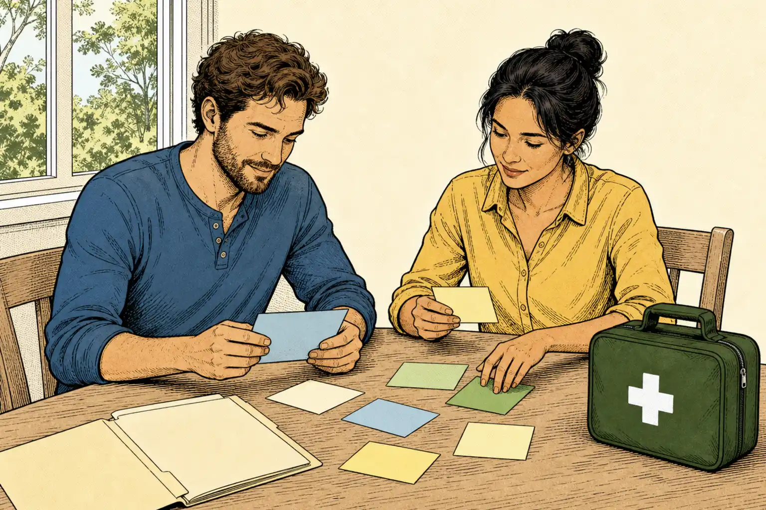 Two adults sort blank reference cards beside a first aid kit at a plain community table.