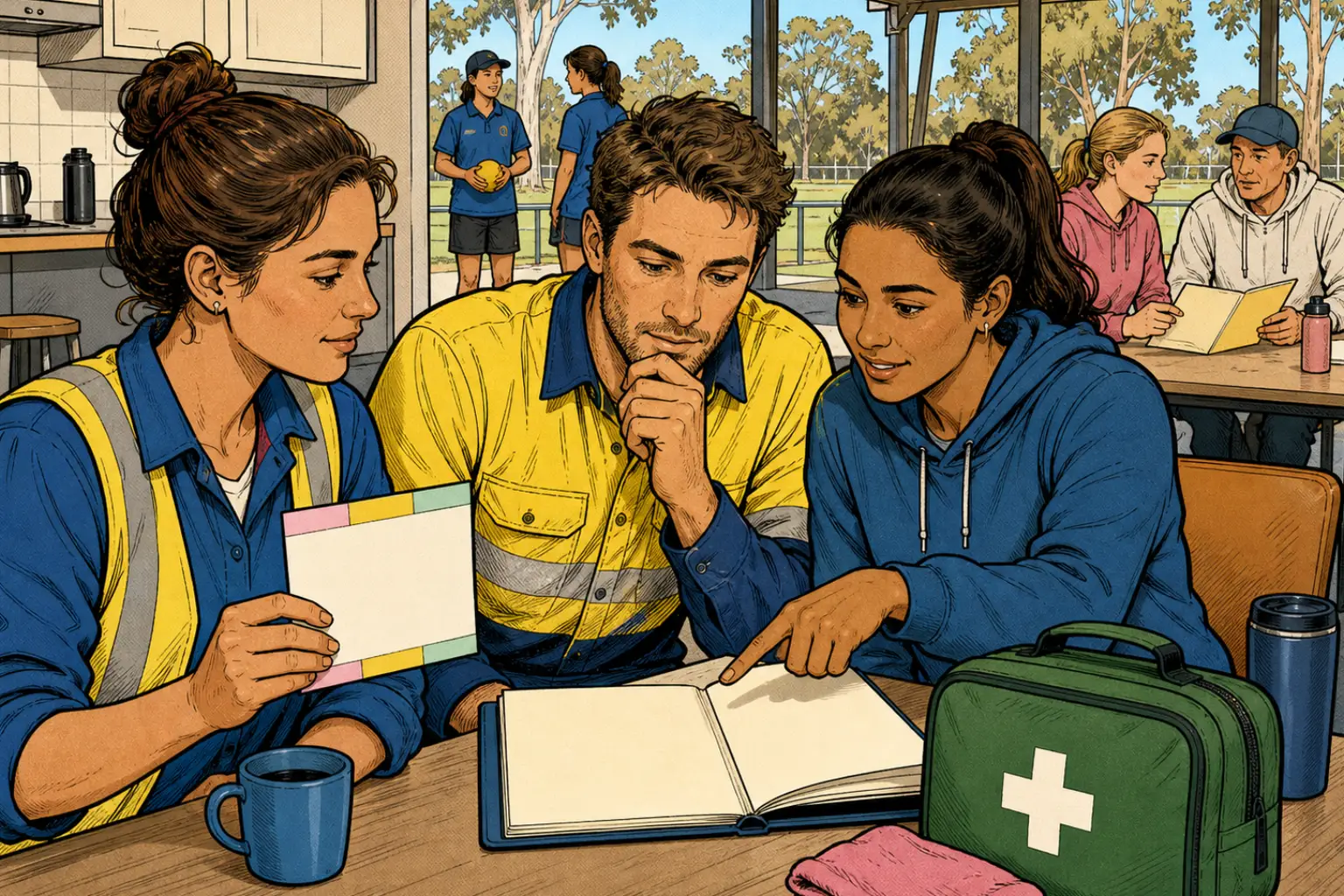 People in workplace, sport and community settings pause to choose the right first-aid resource for the situation.