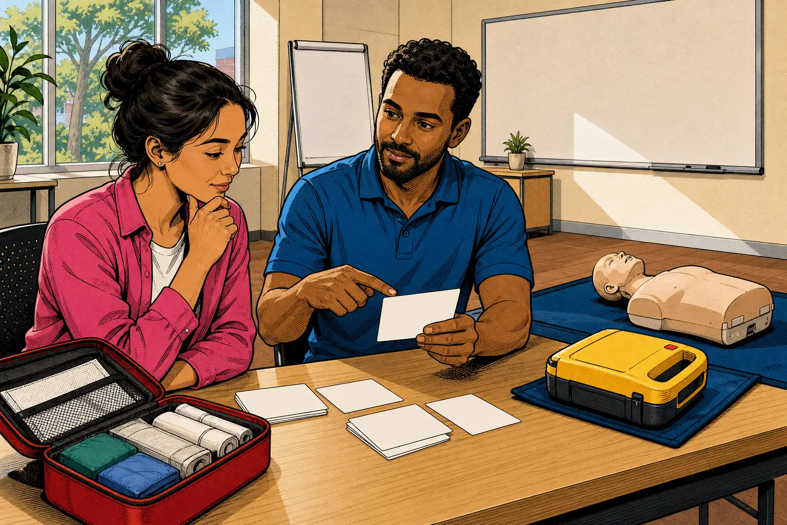 A learner and trainer review first-aid scenarios with a CPR mannequin and training AED.