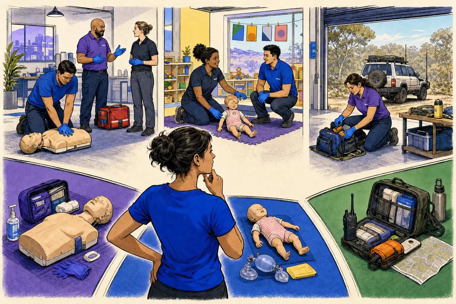 A learner compares workplace, education-and-care and remote first-aid training scenarios.