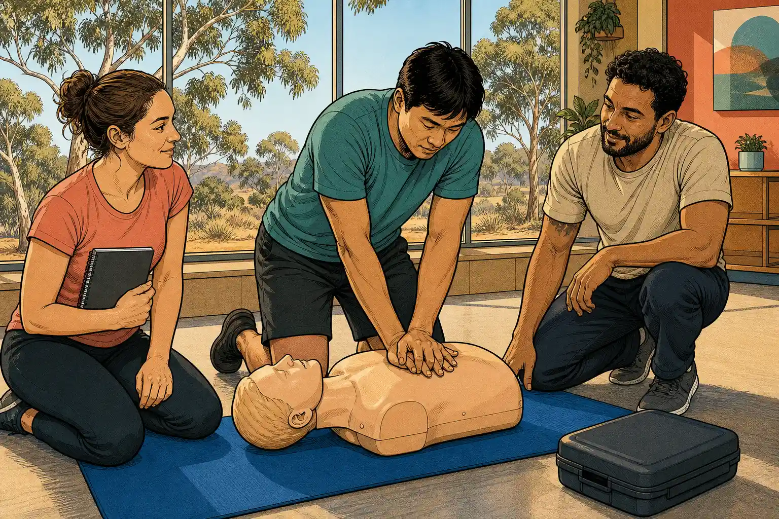 Adult learners practise on a training mannequin in a calm first aid workshop while an instructor observes.