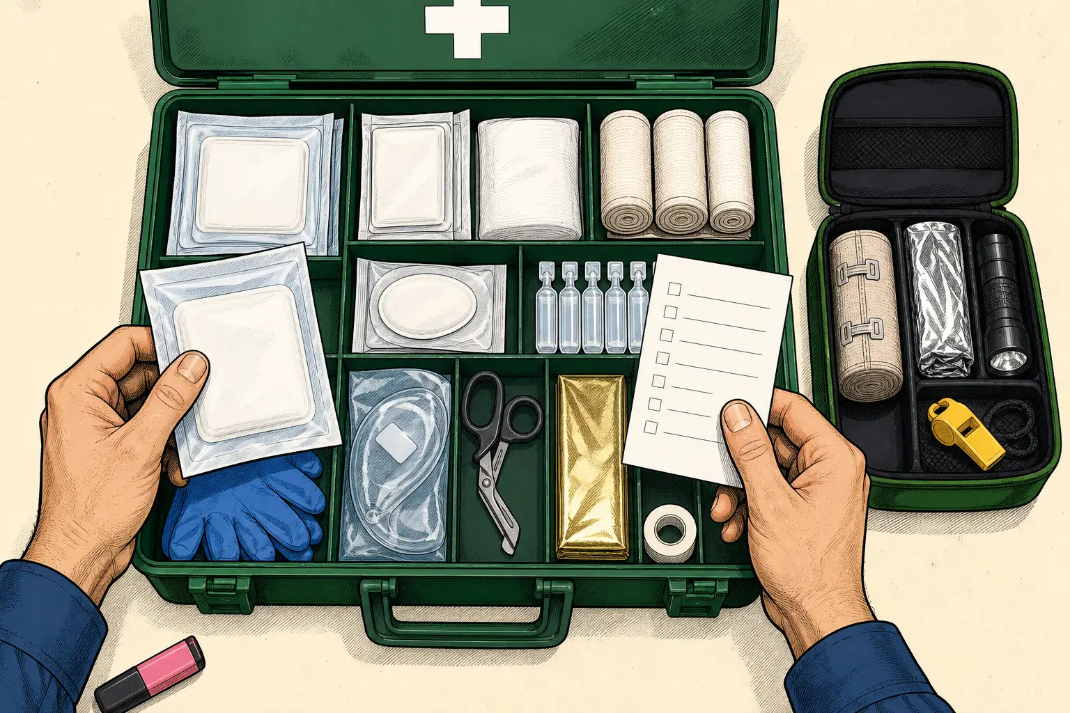 Hands check sealed dressings, bandages, gloves and emergency supplies in an open workplace first aid kit.