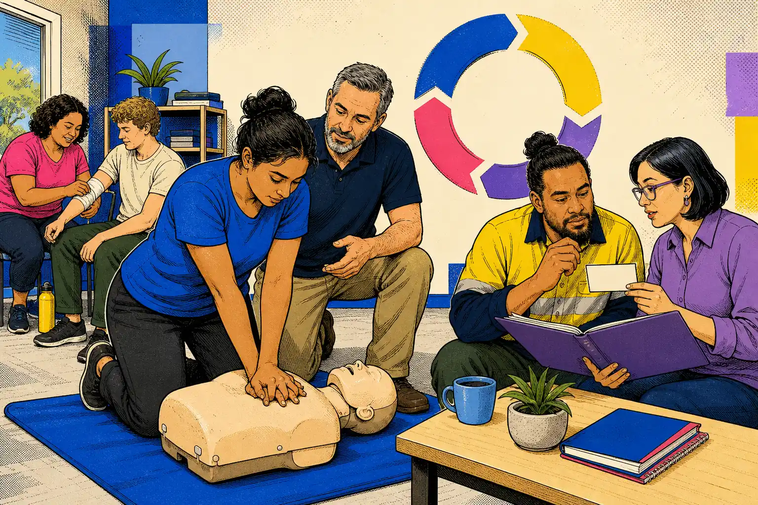 A first aider refreshes CPR skills while a coordinator checks training currency requirements.
