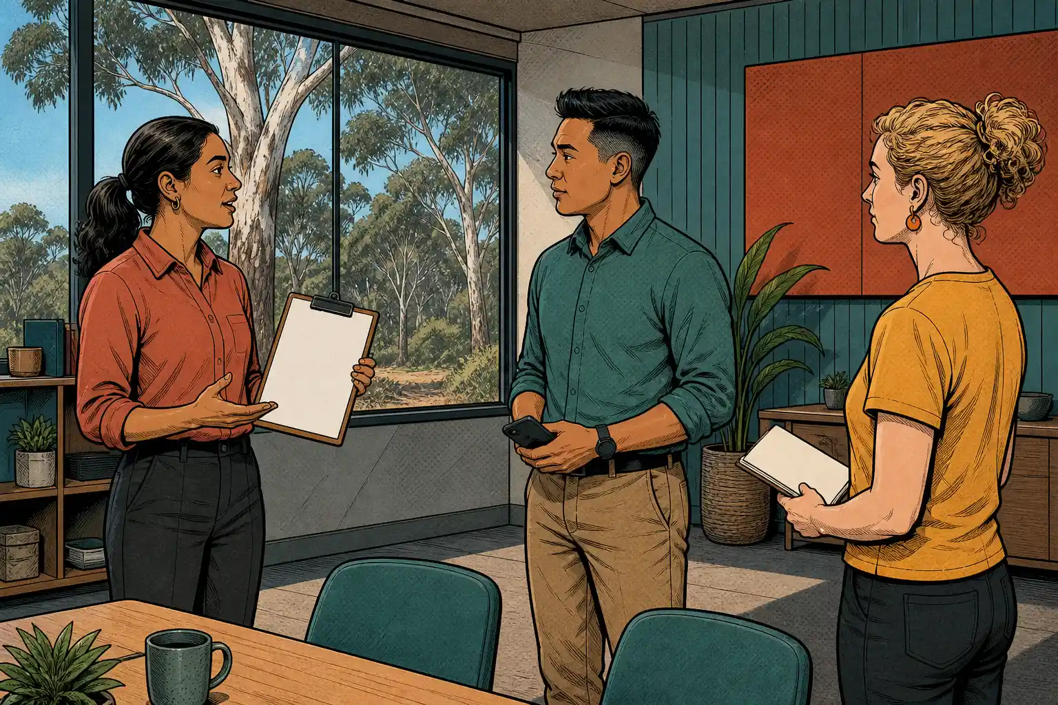 Colleagues give a structured verbal handover using a blank clipboard and phone in a workplace.