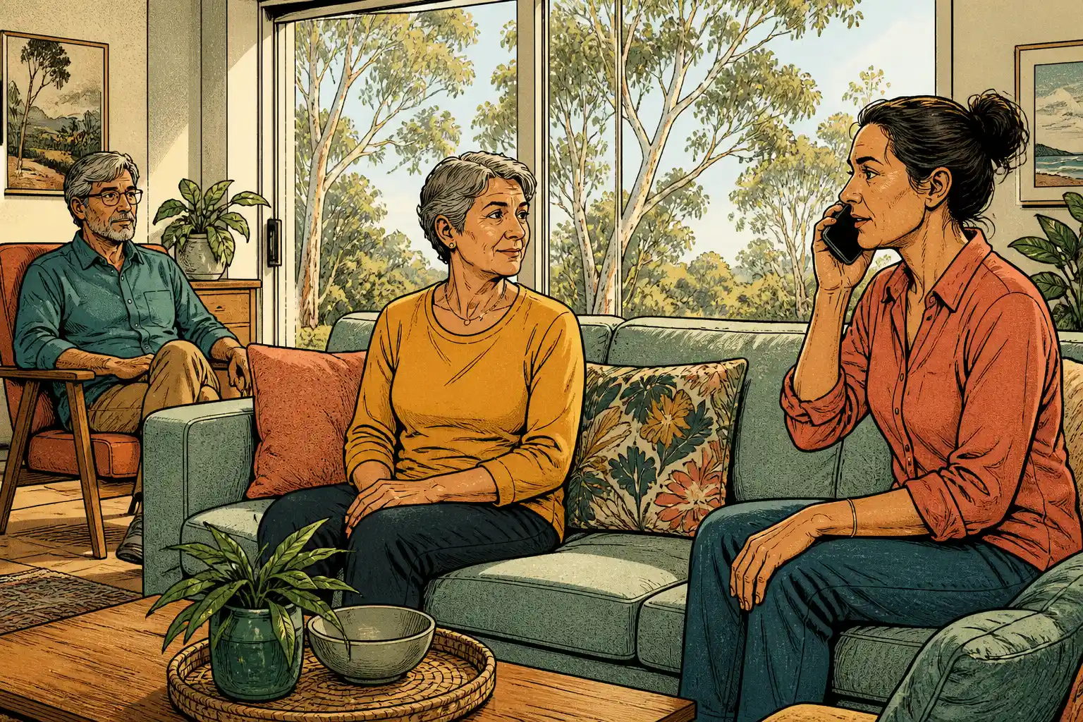 An alert seated adult is supported by companions while one calmly makes a phone call for help.
