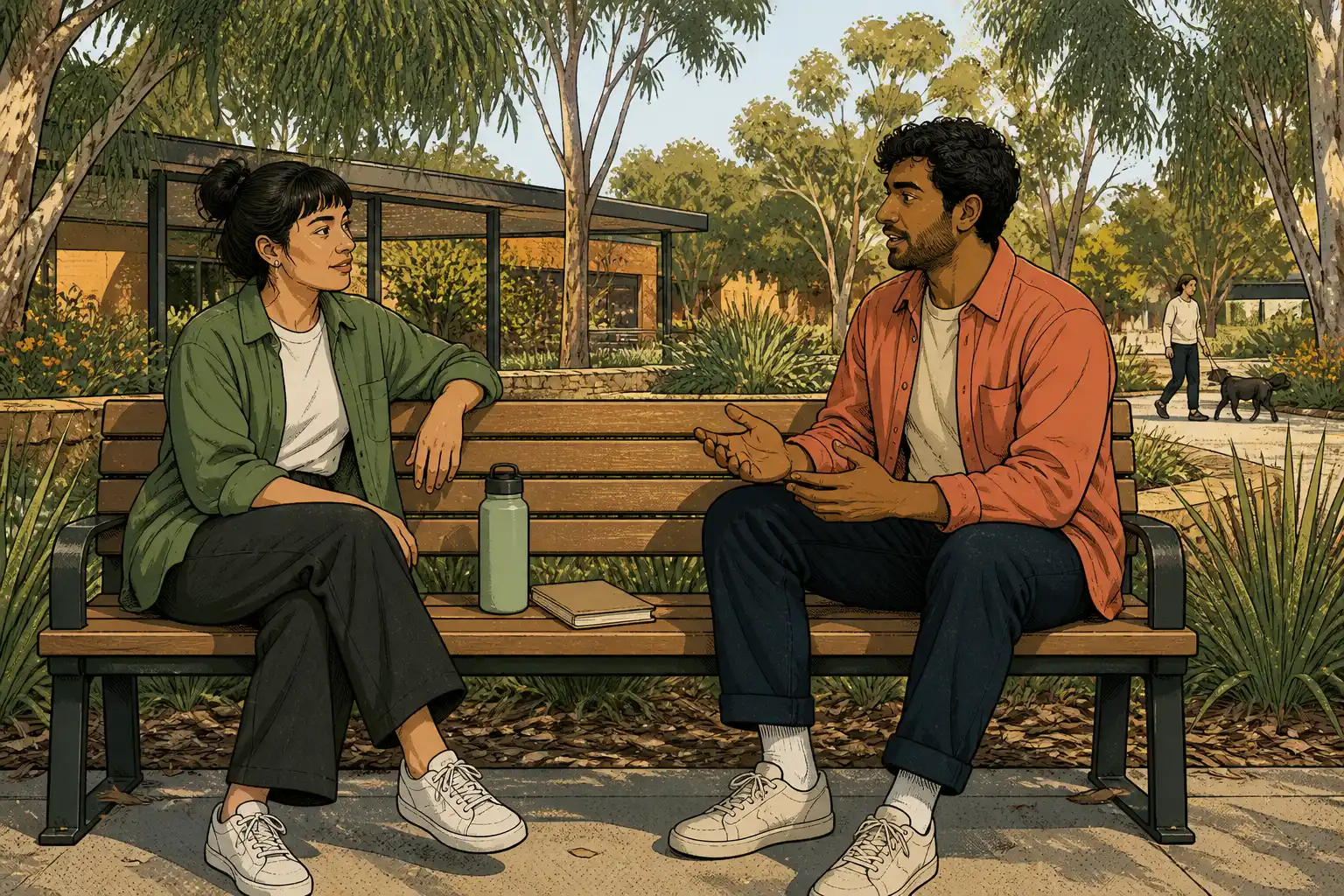 Two adults sit in a calm outdoor community space as one listens attentively with consent and respect.