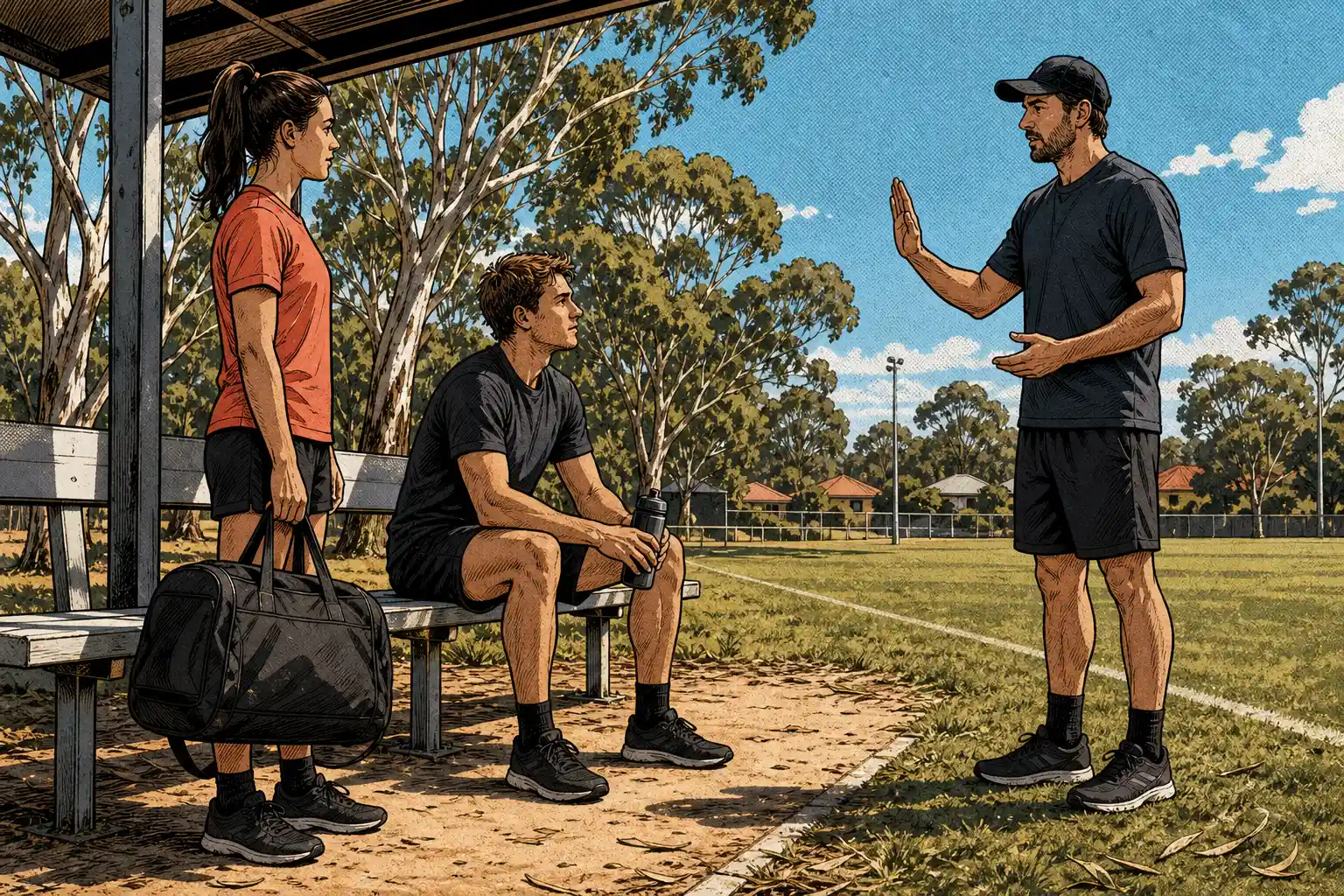 A player pauses on the sideline while a coach communicates a calm stop-play check-in from a respectful distance.