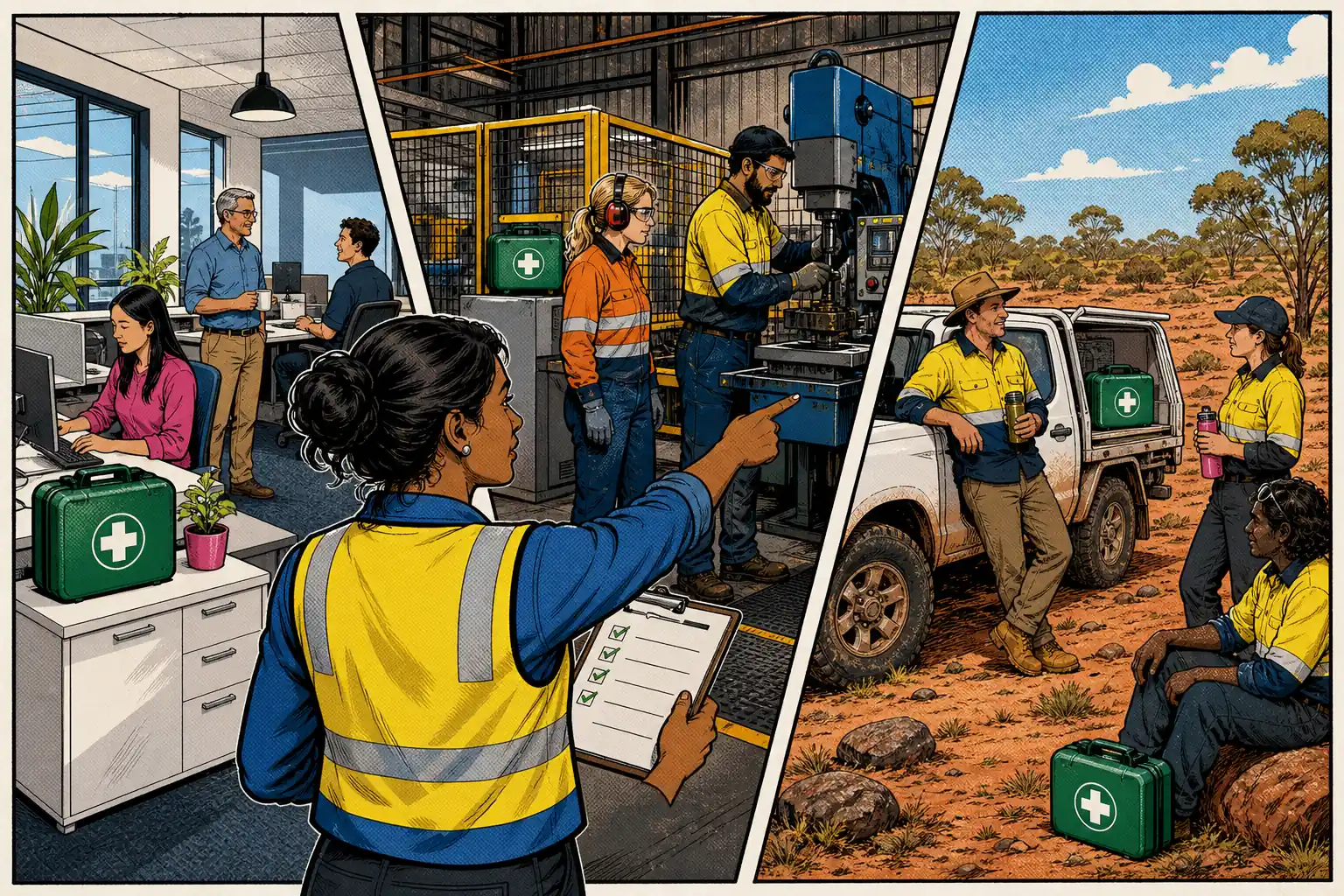 A coordinator reviews first-aid access across office, workshop and mobile work areas.