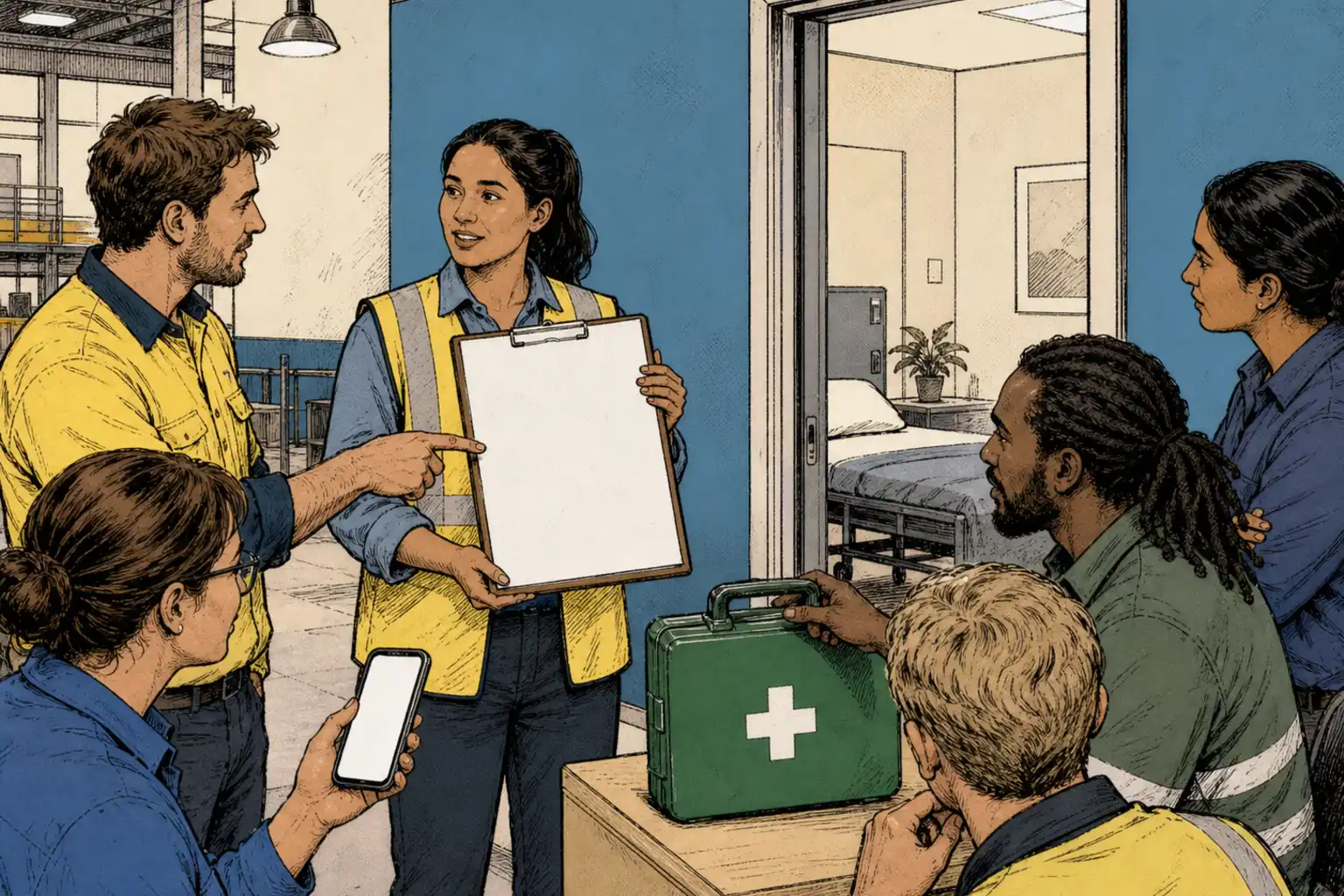 Workplace colleagues coordinate a blank procedure sheet, a phone call and a first aid kit.