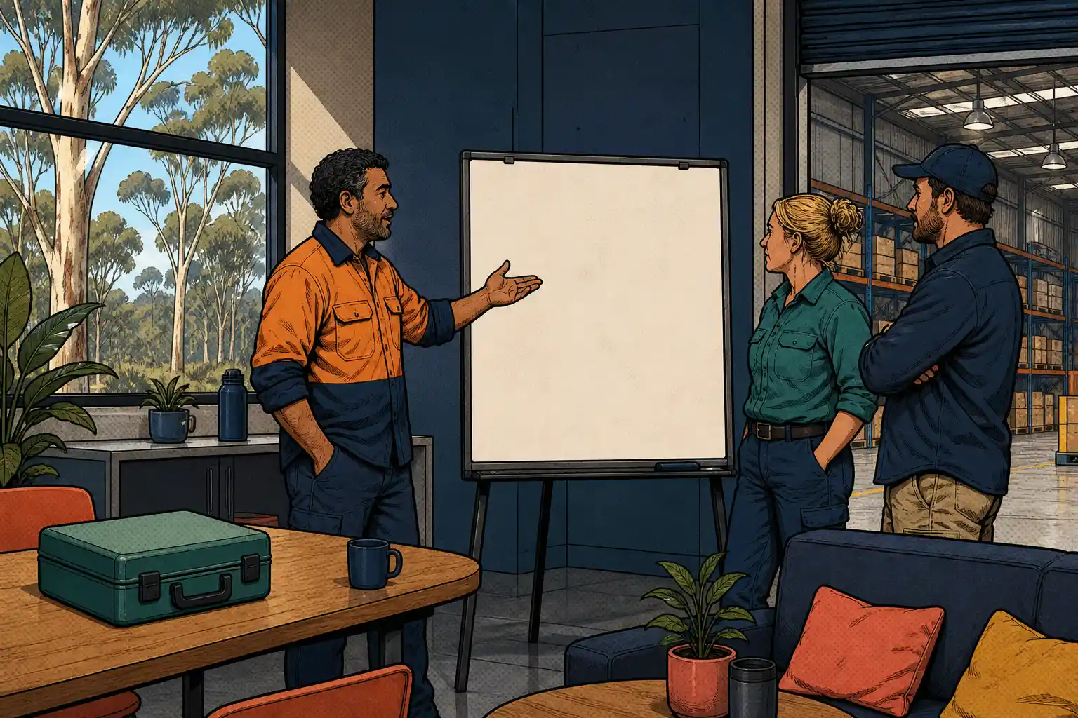 Workplace colleagues discuss a blank readiness plan beside a closed unbranded first aid kit.