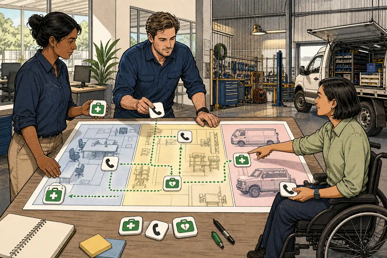 Colleagues assess first-aid access across office, workshop and mobile work areas using an unmarked site plan.